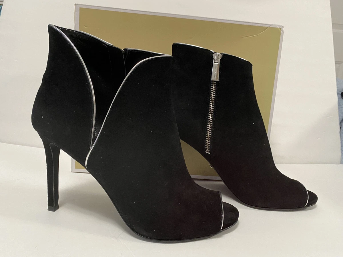 Michael Kors Harper Ankle Boots Bootie Heels Open Toe Suede Black