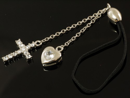 Srebrny charm 925 do telefonów komórkowych serce i krzyż z kamieniami cyrkoniowymi - Zdjęcie 1 z 2