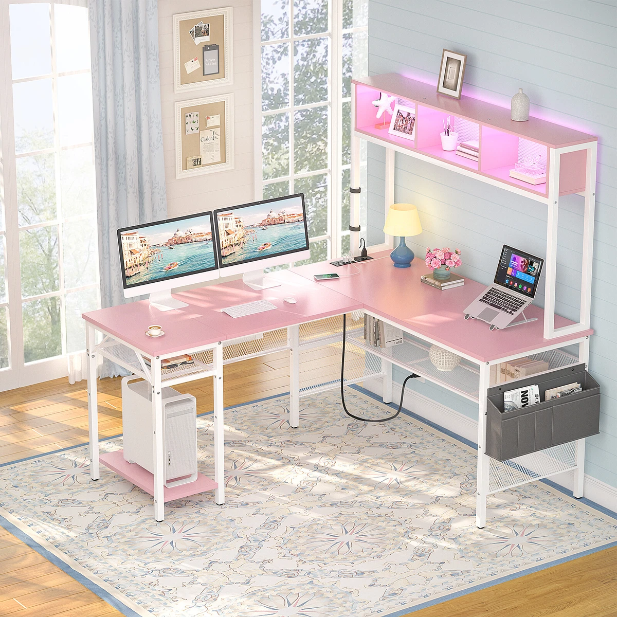 L Shaped Desk with Hutch Corner Home Office Computer Desk LED Gaming Desk Pink