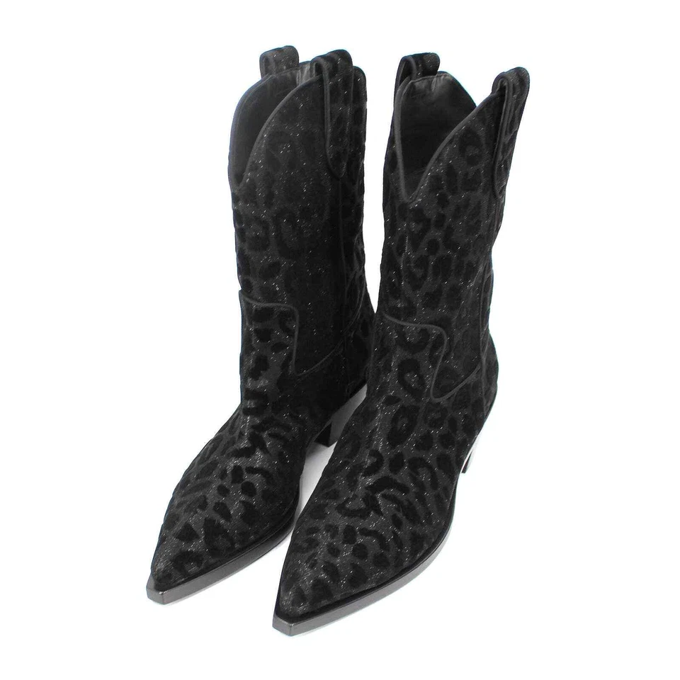 Dolce & Gabbana Negro Leopardo Tacón Metálico Vaquero Botines 38.5 Botín Foto 2 de 4