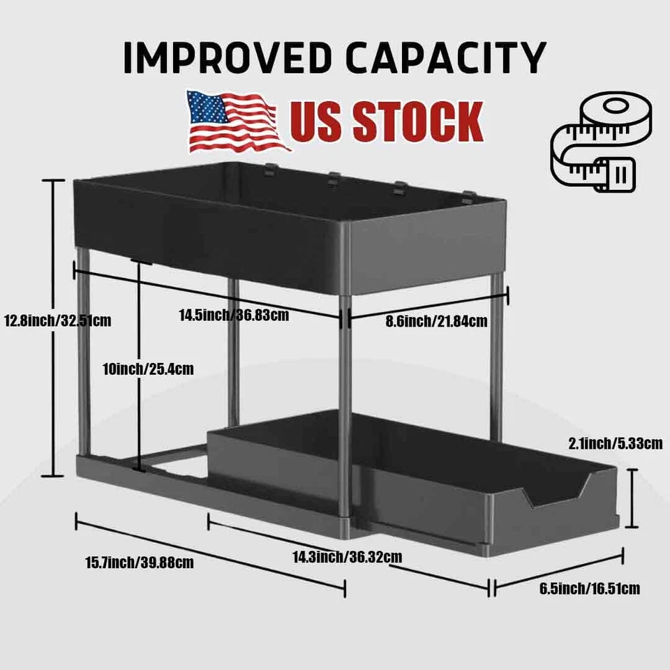 2 PACK X Under Sink Organizer Rack 2 Tier Under Sliding Cabinet Basket Organizer - Image 3 of 4