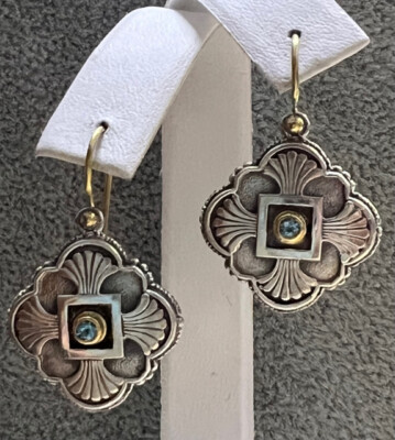 Konstantino 18k Yellow Gold Sterling Silver Blue Topaz Maltese Cross  Earrings