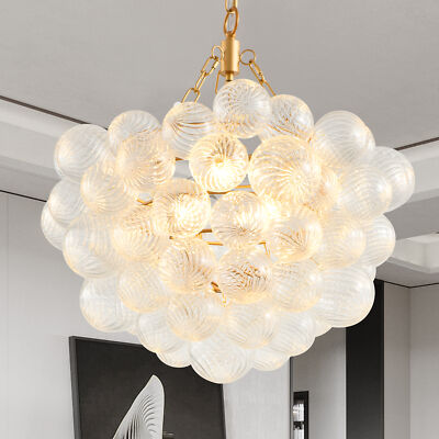 23'' Gold Pendant Ribbed Glass Ceiling Chandelier Light Kitchen Bedroom Fixture
