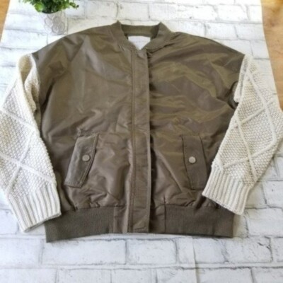 Paper Crane Women's Bomber-Style Jacket Size S Green Off-White Sweater Sleeves