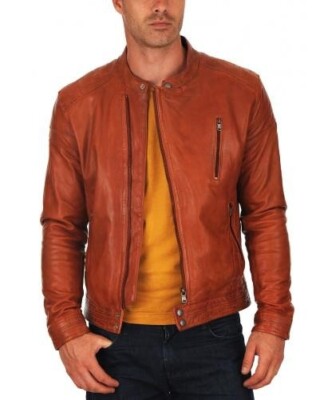 Men Motorcycle Leather Biker Genuine Lambskin Brown Bomber Jacket XS-2XL FB84