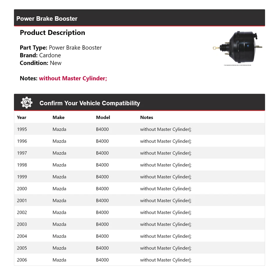 Para Mazda B4000 1995-2006 Power Brake Booster Cardone 1996 1997 1998 1999 2000 Foto 2 de 4