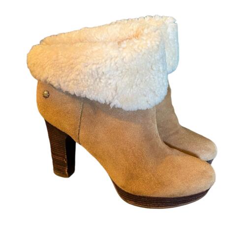 UGG Dandylion Heeled Ankle Booties Sheepskin Fur Trim Womens Size 7.5  - Picture 1 of 15