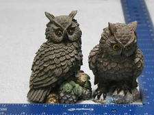 Owl Pair on Rock Pine Cones Figurine Resin Plastic Brown Yellow Eyes beautiful