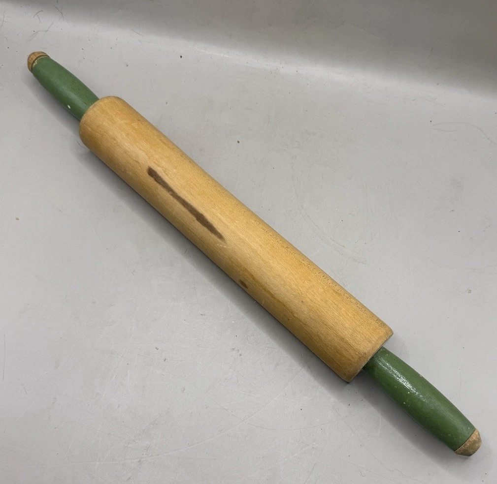 Vintage Wooden Rolling Pin Green Painted Handles 16.5" Farmhouse Kitchen Decor