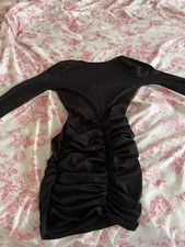 Black Satin Ruched Bodycon Mini Dress Long Sleeve V-Neck Pullover Stretch XS