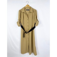 Karl Lagerfeld Belted Midi Shirt Dress Women's Size 14 Tan Clean Girl Polished