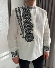 Vyshyvanka White Embroidered Man Shirt Ukrainian Black Embroidery Gift S-XL