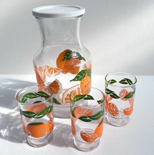 Vintage Anchor Hocking Orange Juice Carafe Pitcher with 3 Juice Glasses