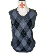 Haggar Black Argyle V-Neck Golf Pullover Sweater Vest Cotton Acrylic Gray Mens L