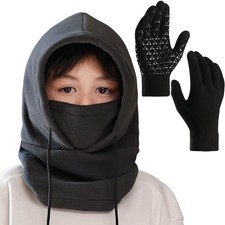 Kids Balaclava Winter Hat, Touch Screen Anti-Slip Thick 8-16 Years, Black