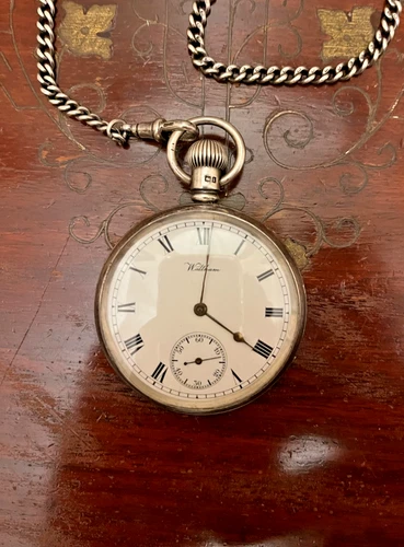 Antique Silver Gents American Waltham Traveler Pocket Watch with Chain - 1912