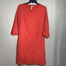 Tacera Coral Orange Lace Dress Small 3/4 Sleeve Scalloped Cocktail Party Holiday