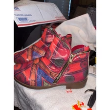 Boho Ankle Boots Red Tribal Print Side Zip Flat Heel Women's Shoes