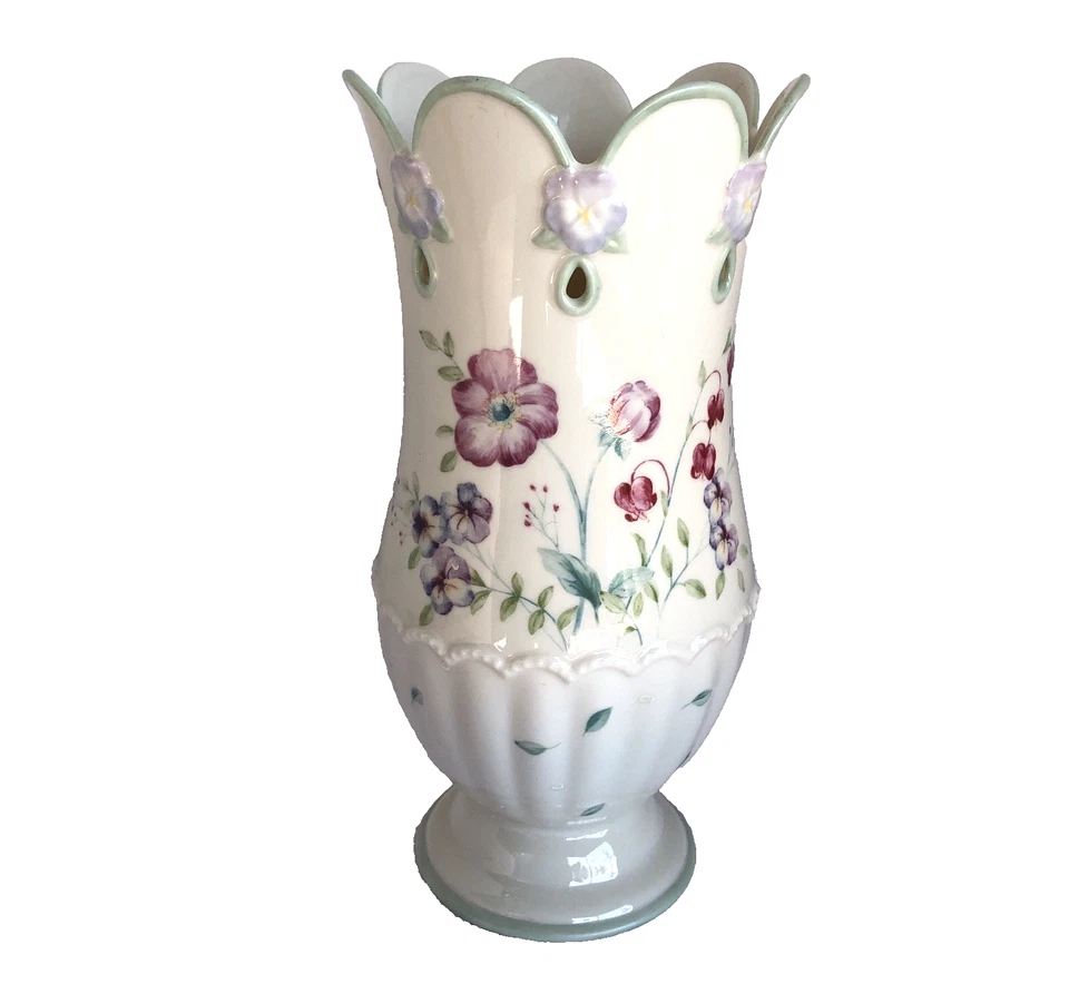 Lenox Spring Bouquet 9.5" Bleeding Heart Vase Scalloped Top Pierced Embossed - Image 2 of 4