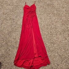 Ieena for Mac Duggal Red Ruched Gown Rhinestone Straps High Slit Size 2