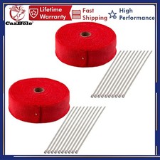 2X Cinta de envoltura térmica de fibra de vidrio para cabezal de escape de rollo + 20 lazos de cremallera de acero 50 pies 2" rojo