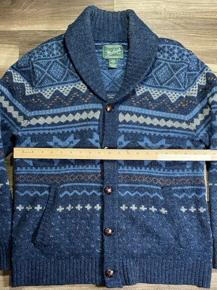 Suéter Cárdigan Woolrich Para Hombres Cuello Capucha Azul FairIsle Nórdico Talla Grande Lana Gruesa Foto 4 de 4