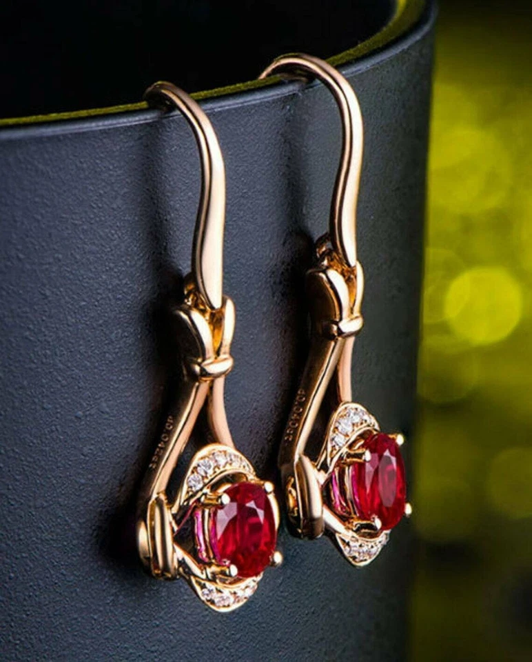 2Ct Oval Cut Lab-Created Ruby Drop Dangle Women's Earrings 14K Rose Gold Finish - Image 2 of 4