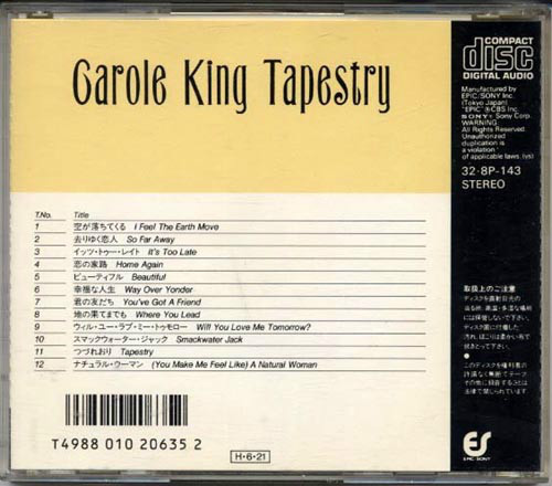CAROLE KING Tapestry JAPAN 1st Press CD 1986 32 8P-143 3200yen