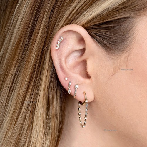 Delicate Natural Diamond Hoop with Diamond Tennis Wrap Chain Earring 14k Gold - Picture 7 of 7
