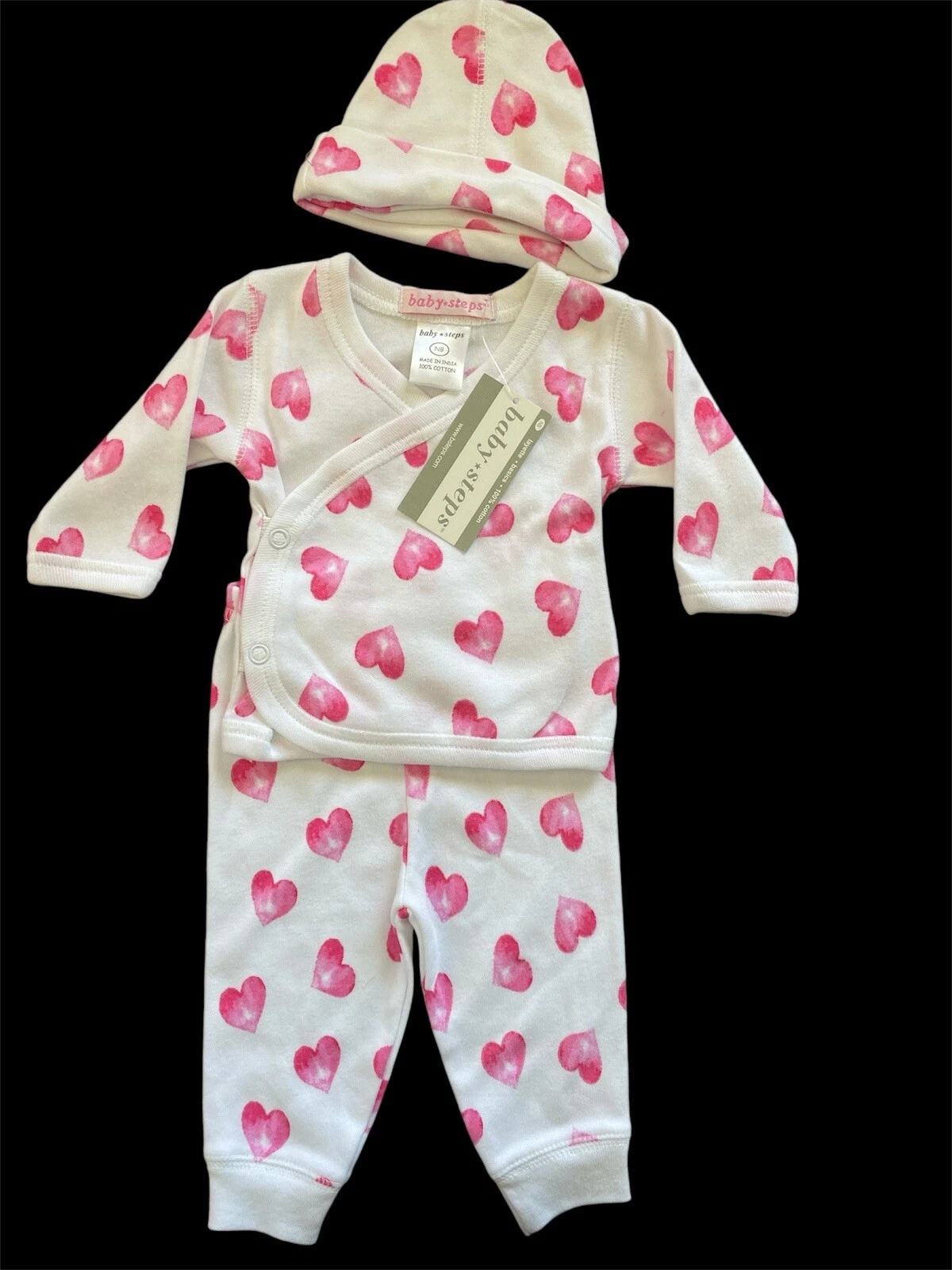 Baby Steps NWT White/Pink Hearts Cotton Knit Kimono Top, Pants & Hat-Newborn