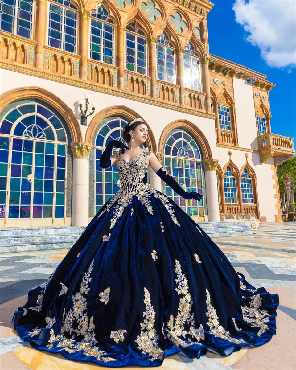Gold Buttterfly Off The Shoulder Royal Blue Velvet Quinceanera