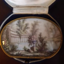 Antique French Swiss Enamel Miniature Hand Painted Brooch Classical Scene 14k