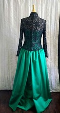Bob Mackie Green Satin Black Lace Mother Of Bride Prom Evening Gown Dress Sz M