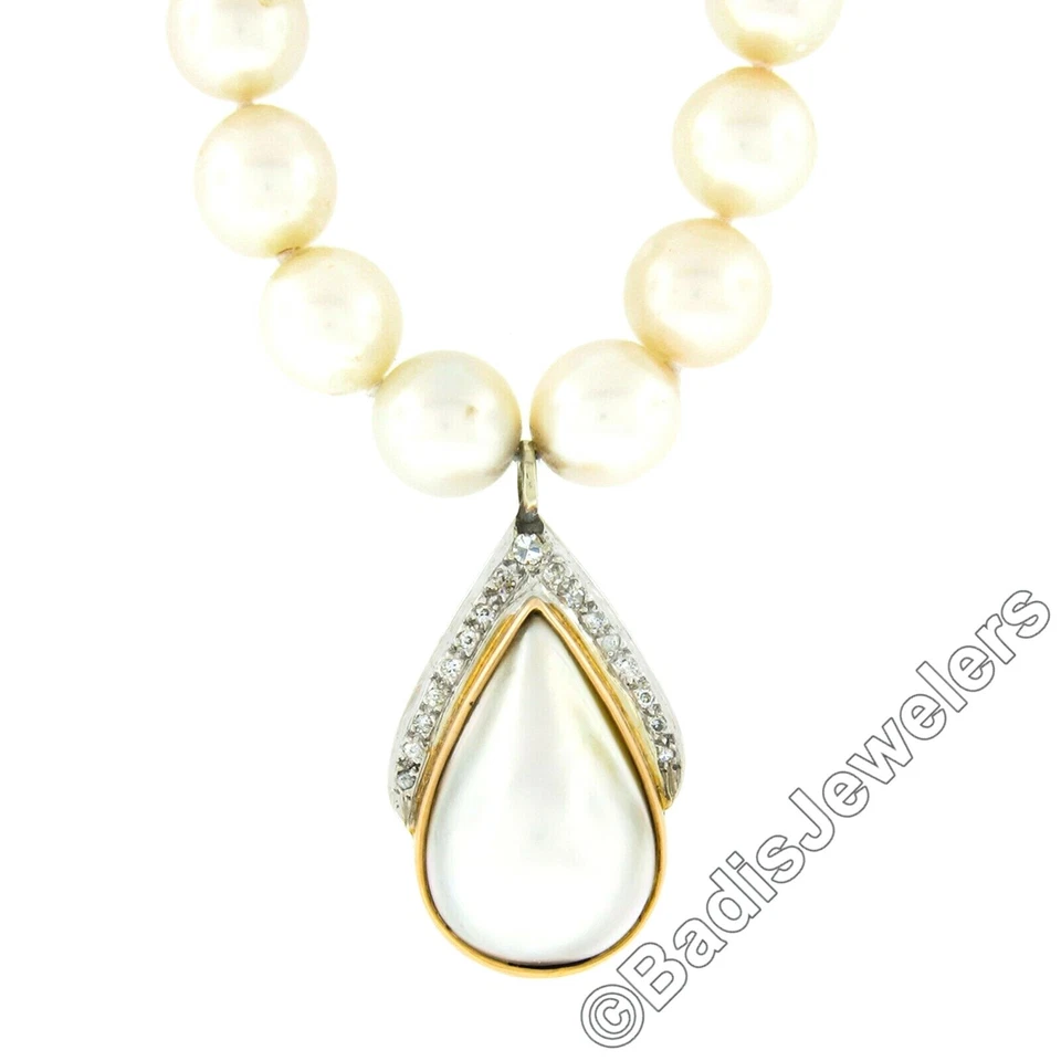15" Cultured Pearl Strand Necklace w/ 14K TT Gold Diamond Mabe Tear Drop Pendant - Image 3 of 4