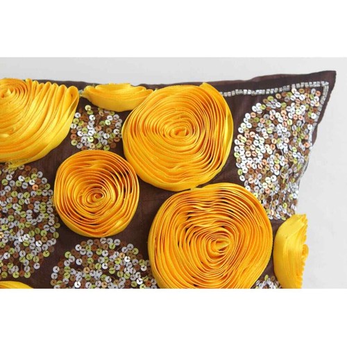 Decorative Couch Cushion Case Brown 16"x16", Square Silk - Chocolate Marigolds - Picture 2 of 4