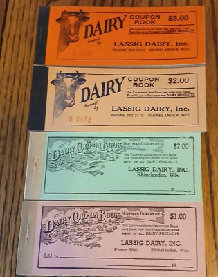 4 Lassig Dairy Rhinelander Wis Money coupon book.Cash ticket Oneida  $1, $2, $5