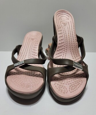 Crocs Cyprus Heels Brown Pink Criss-Cross Strap Slip On Sandals Women's Size W10