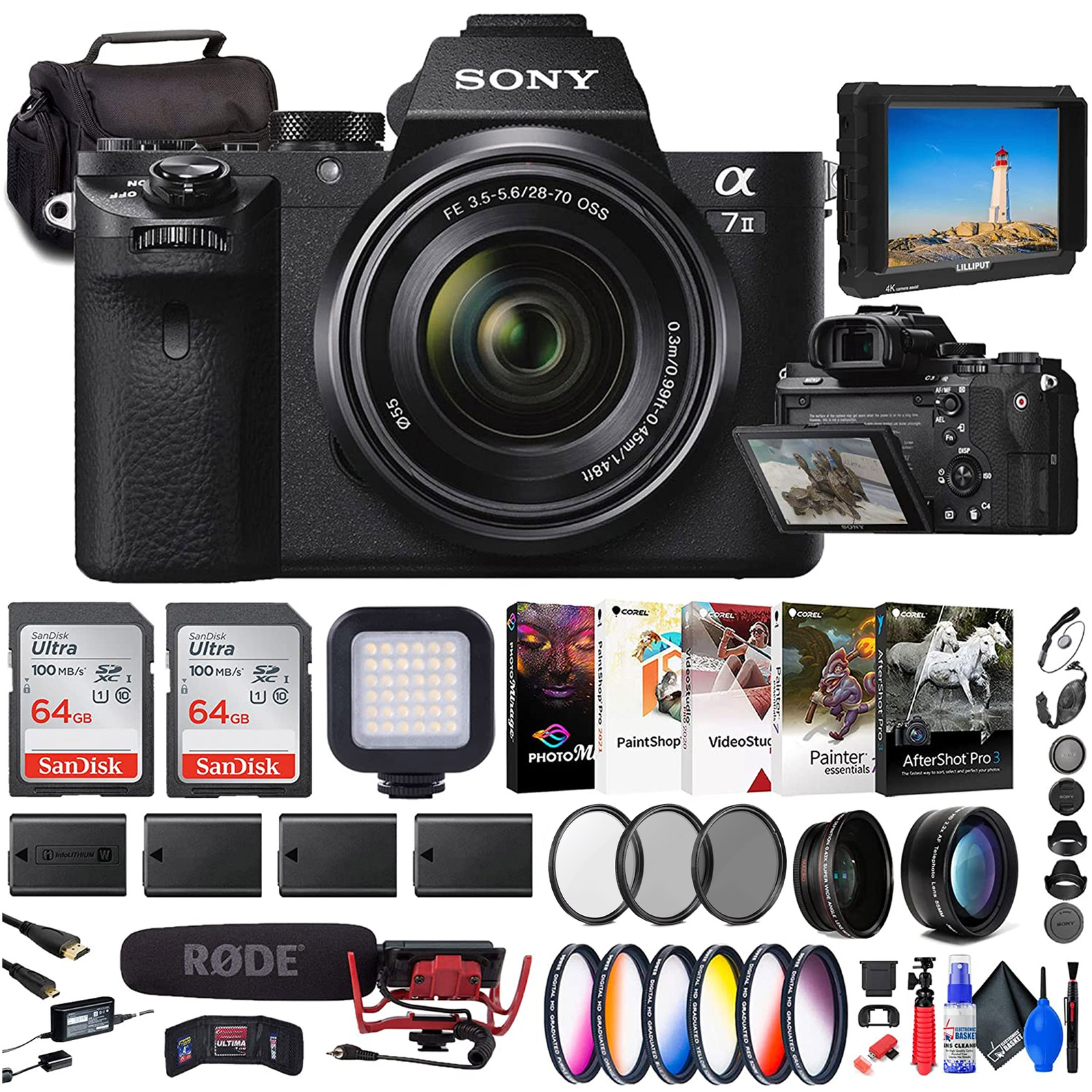 Sony a7 II Mirrorless Camera with 28-70mm Lens + 4K Monitor + Rode Video + More