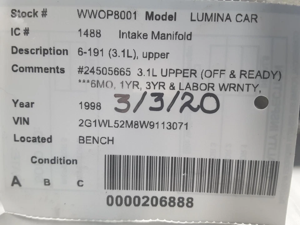 Used Upper Engine Intake Manifold fits: 1998 Chevrolet Lumina car 6-191 3.1L upp Foto 4 de 4