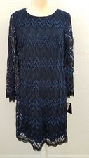 I.N. STUDIO WOMENS SZ 6 BLACK BLUE CHEVRON LACE LONG SLEEVE SHIFT DRESS 