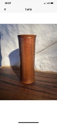 R.B Reitz Copper Cylinder Vase 7 -3/4 Rich Hammered Chased