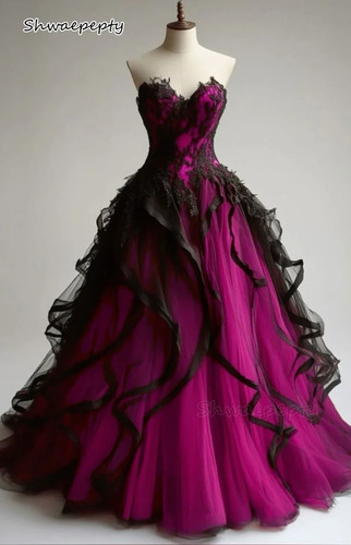 Red Black Wedding Dress Ruffle Tulle Gothic Bridal Gown Sweetheart Sleeveless