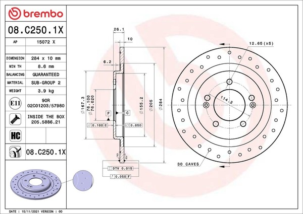 2X Bremsscheibe Xtra Line - Xtra Brembo 08.C250.1X FüR Hyundai I30 Gd Hatchback-image