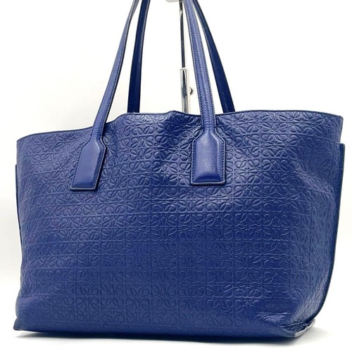 LOEWE Repeat Anagram Leather Tote Shoulder Bag Navy Blue A4 Used From Japan