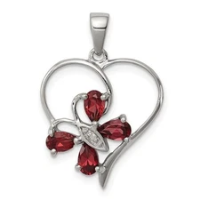 Sterling Silver Rhodium Garnet & Diamond Butterfly Heart Pendant Gift for Her