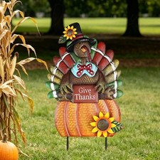 Fall Harvest Thanksgiving Turkey Pumpkin Garden Stake Metal Outdoor Yard Decor