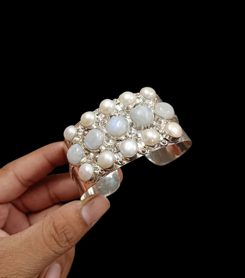 Natural Rainbow moonstone and pearl Bangle 925 Sterling Silver gift bangle - Image 3 of 4