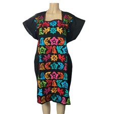 Mexican Yellow Embroidered Dress from Chiapas Sz XL Floral Boho Festival Dress