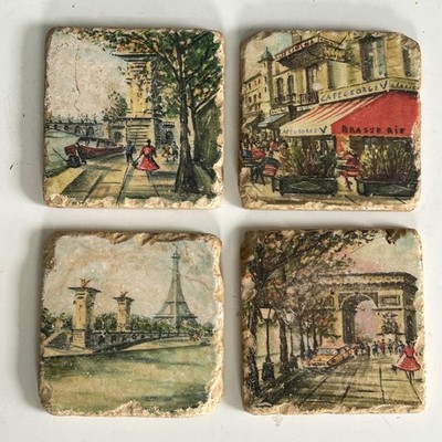 Vintage Style Paris France Tumbled Stone Coasters Set of 4 Eiffel Tower Cafe Art