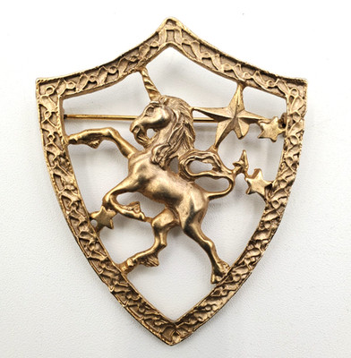 Large Vintage Unicorn Brooch Heraldic Shield Fantasy Gold Tone Pin